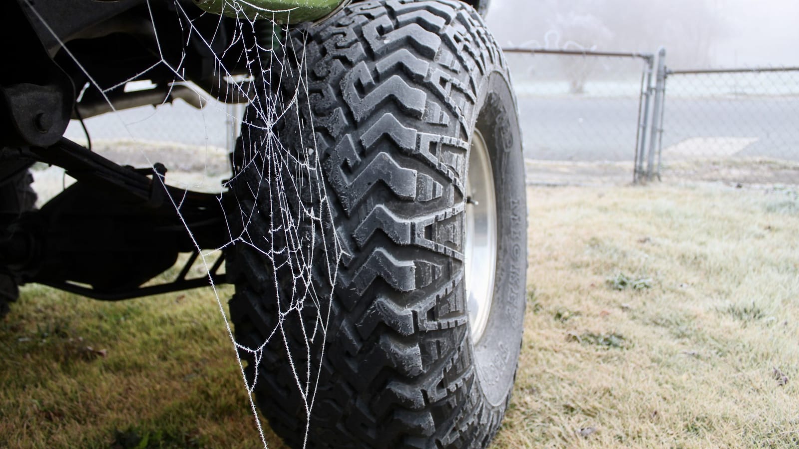 Large off road truck tire with a frost covered spider web on a cold morning