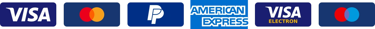 Visa, Mastercard, PayPal, American Express, Visa Electron, Maestro